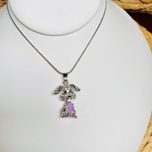 Delightful Crystal Sitting Puppy, Enameled Pendant Necklace.